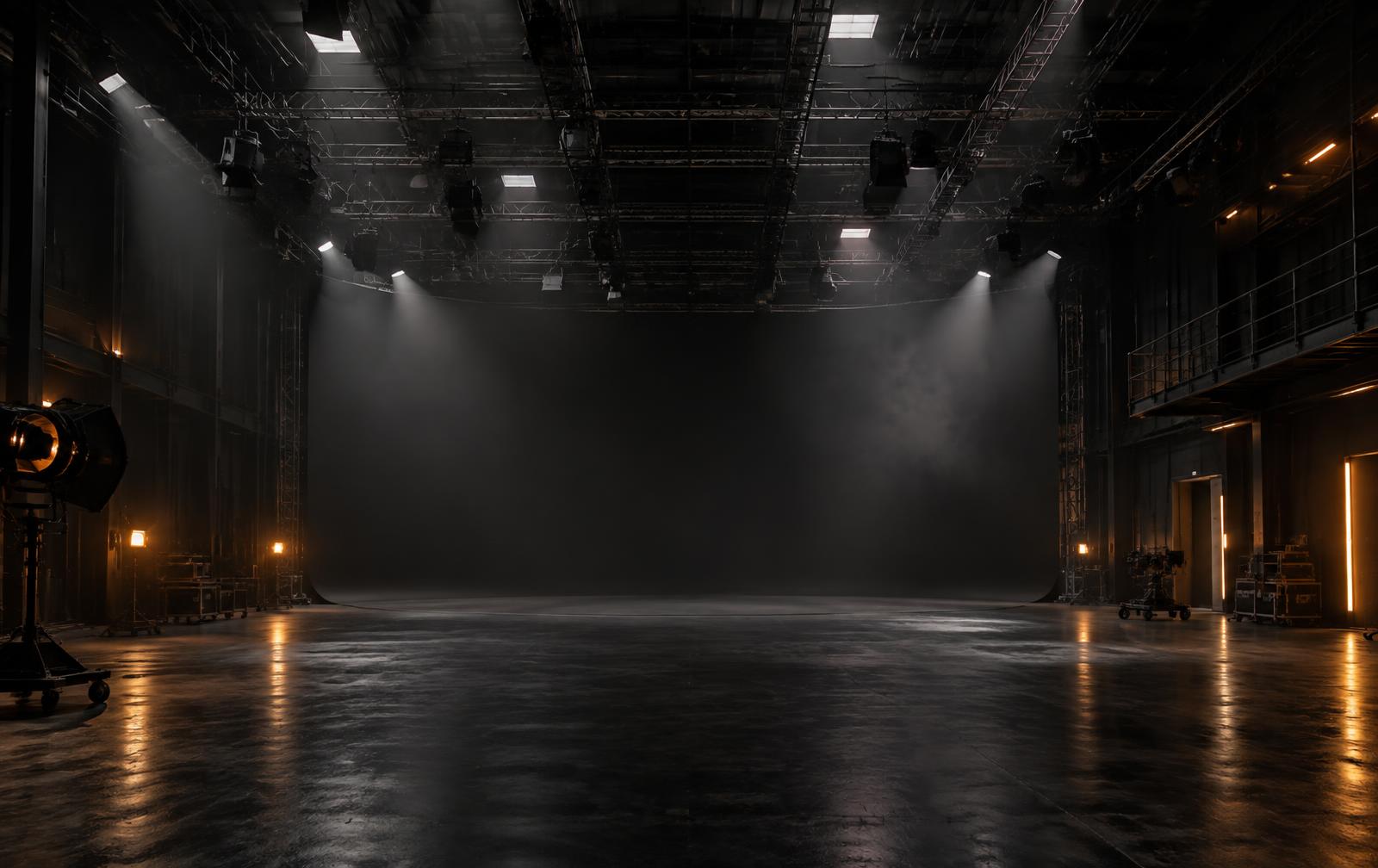 Interior of a dark production studio with an overhead lighting grid